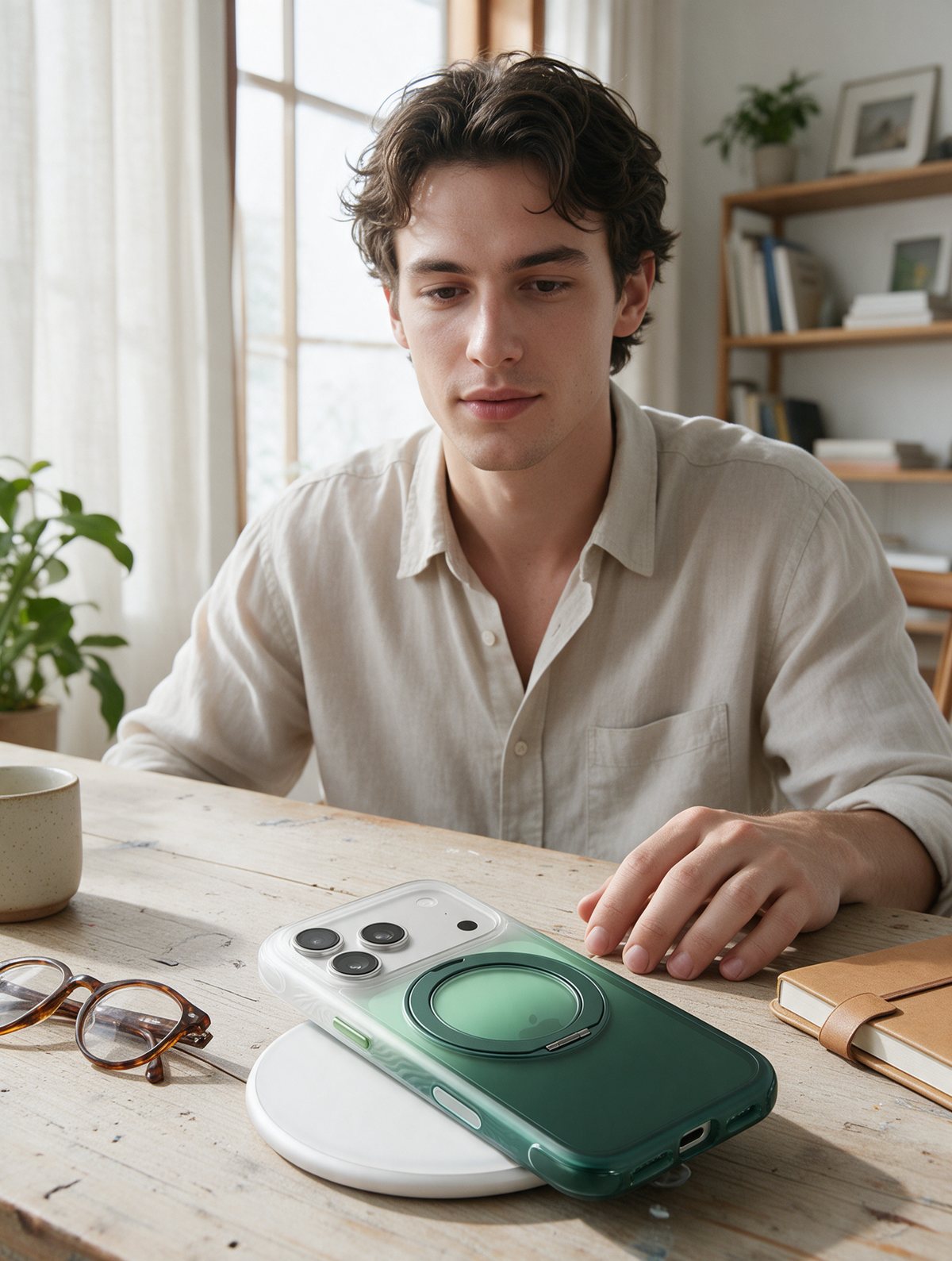 A phone in the Pine Mist gradient case charging on a magnetic puck on a desk