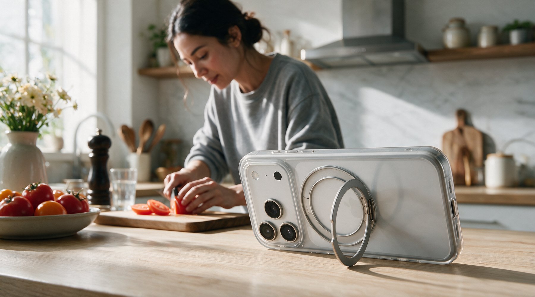 The grey stand case standing in landscape on its hinged ring on a kitchen counter, a woman chopping tomatoes behind it