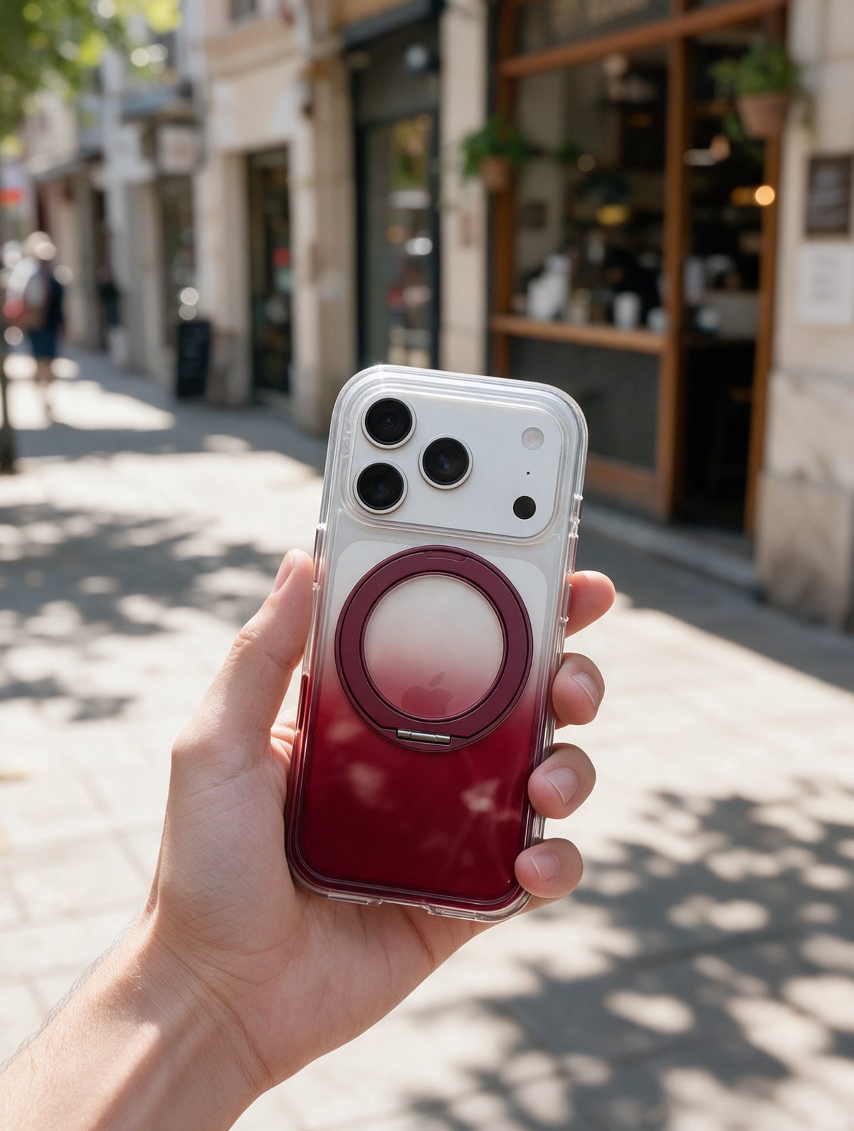 A hand holding a phone in the Crimson Twilight gradient case on a sunny street