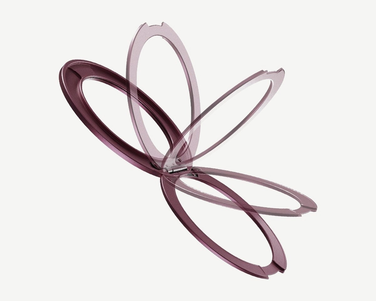 The ring stand shown at five angles as it folds over its hinge